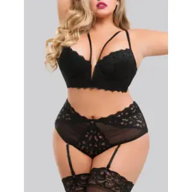 Lovehoney Plus Size Parisienne Black Lace Plunge Longline Bra Set (Black 1X / 2X), Schwarz - 1X / 2X - Amorana Lovehoney Plus Size Parisienne Black Lace Plunge Longline Bra Set (Black 1X / 2X), Schwarz - 1X / 2X - Amorana