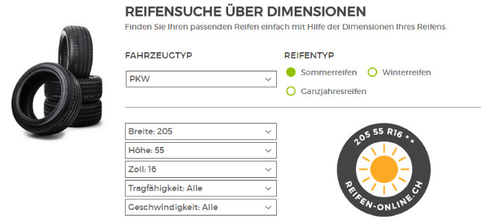 Reifensuche über Dimensionen bei reifen-online.ch